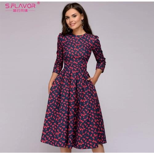 S.FLAVOR Women Elegant A-line Midi Dress Vintage Printing Party Vestidos Three Quarter Sleeve 2021 Women Spring Casual Dress