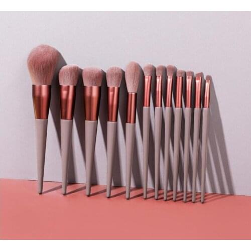 Top quality 12pcs Cone makeup brushes with wooden handle and nylon hair aluminum tube beauty tools