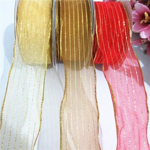 4cm Golden Onion Line Stripe with Iron Wire Snow Gauze DIY Handmade Bow Hair Ornament Bouquet Packing Ribbon 333