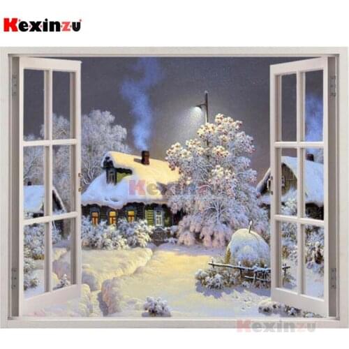 Kexinzu Full 5D DIY Square/Round Drill Diamond Painting "Window Snow Scenery" 3d Diamond Embroidery Cross Stitch Decor Gift D01