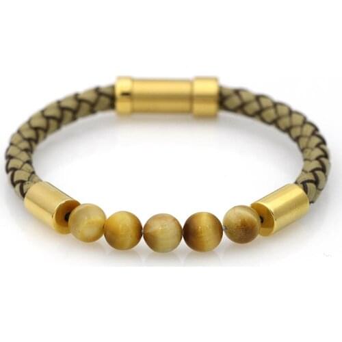 Stainless steel Natural Stone Bracelets Men Braided Genuine Leather Bangle Embedded Clasp Bracelet