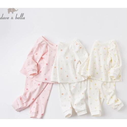 DB16080 dave bella autumn baby girls fashion cartoon print pajamas newborn baby underwear casual sleepwear 2 pcs suit