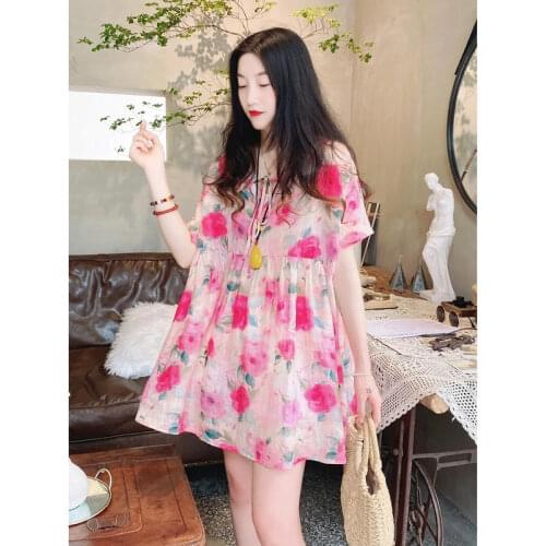 Baby Shirt Top Summer Loose Mid-length Literary Sweet Lace-up Fluffy Shirt Floral High-end Cotton Linen Shirt Women Blouse