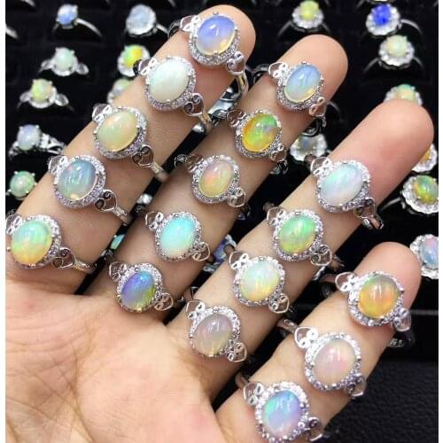 100% Real Natural Opal Ring with Multicolor Opal Oval 6x8mm 100% 925 Sterling Silver Wedding Rings Women Adjustable Rings Size