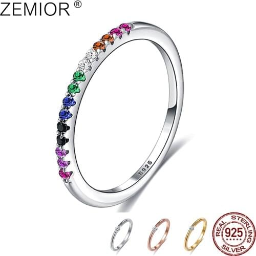 ZEMIOR Finger Rings For Women Rainbow Color And Simple Series Wedding S925 Sterling Silver Ring Fine Jewelry Gifts For Friends