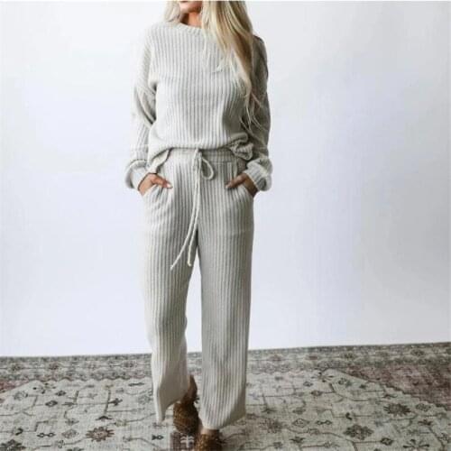 Women Two Piece Set High Waist Knit Wide Leg Pants 2 Piece Suits Lady Autumn Winter Casual Homewear Pullover Sweater Tracksuit