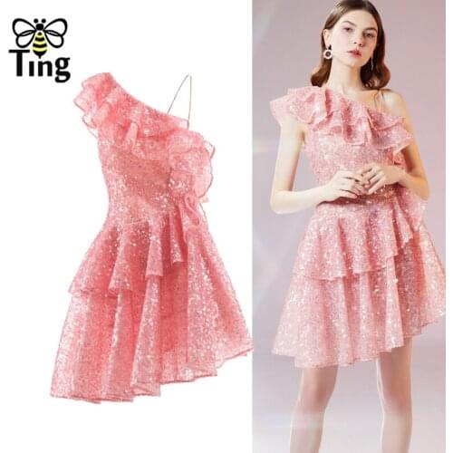 Tingfly Vintage Elegant Ruffles Luxury Pink Glitter Shiny Sequines Mini Short Dresses Off the Shoulder Party Night Dresses Mujer