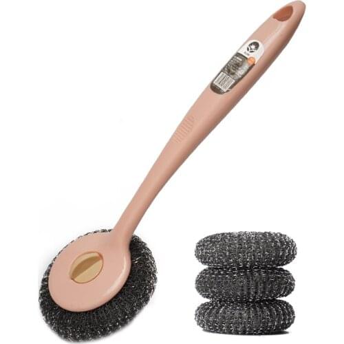 Kitchen long handle washing pot brush dish cleaning brush home large stainless steel wire ball washing pot washing pot artifacts