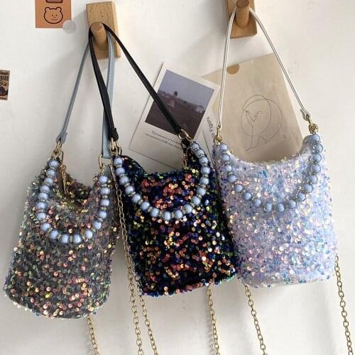 Fashion Beaded Chain Handbags Women Versatile Messenger Bag And Purse Lady Party Sequin Clutch Bag Soft Leather Top Handle Tote