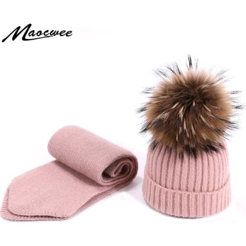 Scarf Hat Set Children Skullies Beanies PomPon Ball for Knitting Autumn And Winter Warm Solid Color White Girl Outdoor Natural