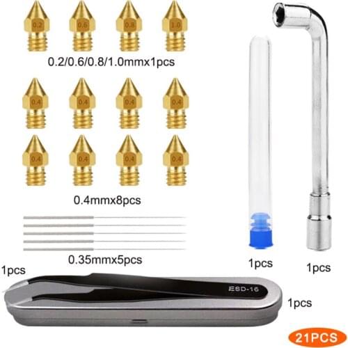3D Printer 0.2/0.4/0.6/0.8/1.0mm MK8 Nozzles DIY Wrench Tweezers 0.35 Needles Kit Accessories Exruder Nozzle Replacements