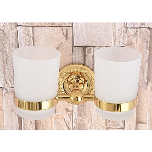Wall Mounted Luxury Gold Color Brass Bathroom Toothbrush Holder Set Bathroom Accessory Dual Glass Cup mba598