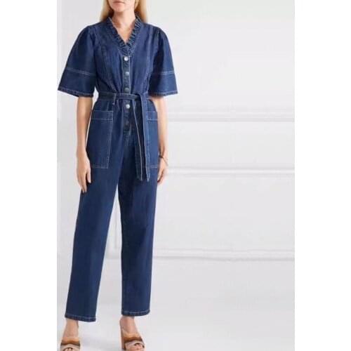 New Summer Style For Adult Womens Dark Blue Slacks Costume V-Neck Lacing Tighten Waist Short Sleeve Jeanswear Denim Jumpsuit