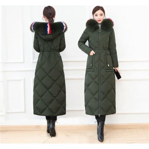 3XL 121cm longer real fox fur coat fluffy down coats female winter fashion big fur collar hooded thicker warm down coat F1819