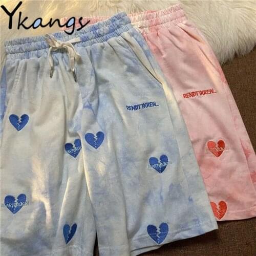 Tie Dye Heart Appliques Letter Embroidery Harajuku Shorts Women High Waist Wide Leg Korean Style Clothes Loose Shorts for Ladies