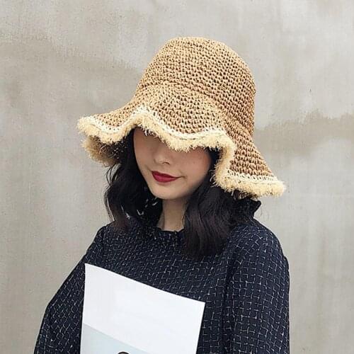 Summer Women Crochet Knit Straw Hat Wide Wavy Brim Sunscreen Beach Cap Sunhat Knit Straw Hat Wide Wavy Brim Sunscreen Beach Cap