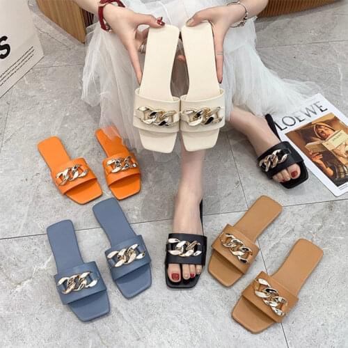 2021 Women Metal Chain Slippers For Home Woman Summer Casual Beach Slides Female Square Toe Ladies New Classic Flat Plus Siz