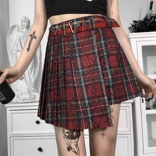 Women High Waist Cobweb Midi Irregular Skirts Gothic Dark Red Plaid Lady Sexy Mini Skirt Summer Goth Harajuku Cloth Fashion Belt