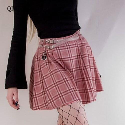 Goth Pink Plaid Pleated Skirt Harajuku Hight Waist With Belt Mini Skirts Streetwear Grunge Punk E Girl Aesthetics Skirt