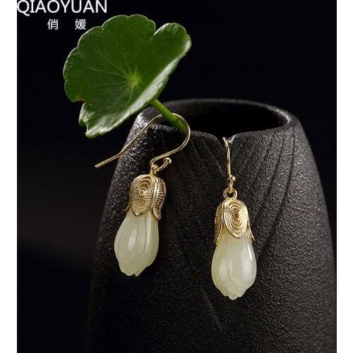 925 sterling silver earings gold jade earrings for women Vintage costume jewelry Gilded Orchid Gold Gemstone lotus earrings