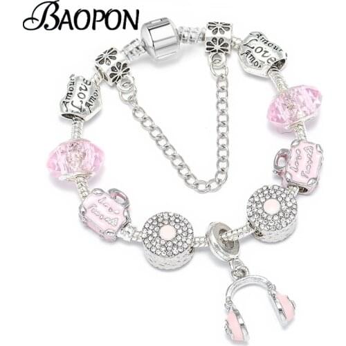 BAOPON Silver Color Headset Pendat Charm Bracelets & Bangles With Silver Plated Beads Bracelet for Women Wedding Vintage Jewelry
