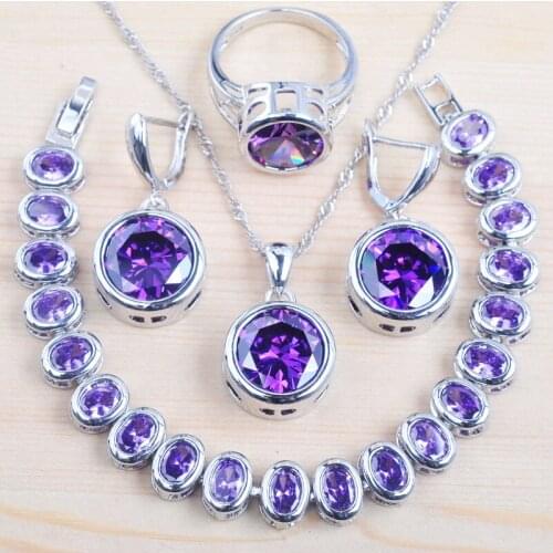 Purple Ametyst Silver Color Jewelry Sets For Women Wedding Jewelry Zirconia Rings Bracelets Earrings Birthday Gift QS0147