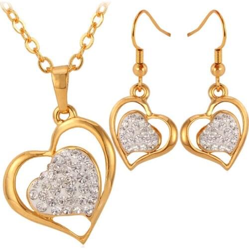 Heart Necklace & Earrings For Women Romantic Gift For Girl Austrian Rhinestone Gold Color Fashion Charms Jewelry Set PE3062