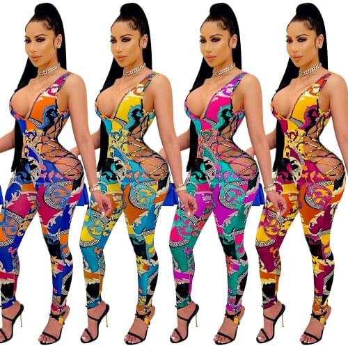 2021 Women Sexy Print Sleeveless Bandage Hollow Out Elastic Bodycon Jumpsuit Night Club One Piece Set Summer Fashion Outfit
