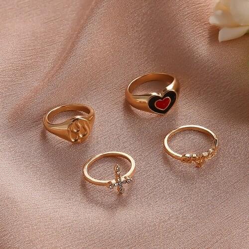 4PCS Heart Index Finger Rings Set Gold Plated Halloween Cross Womens Ring Vintage 2021 New Trend Girl Kunckle Hand Accessories