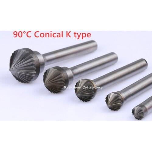 90degree Conical,6mm Shank ,Single Slot Hard alloy K type Rotary File Wood File Drill Bits Rotary Tool Set for Woodworking