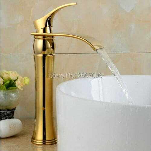 Free shipping Vanity Faucet Design Wide Spout Copper tap Bathroom Golden Polished Waterfall Basin Mixer Faucet Tap Tall ZR460