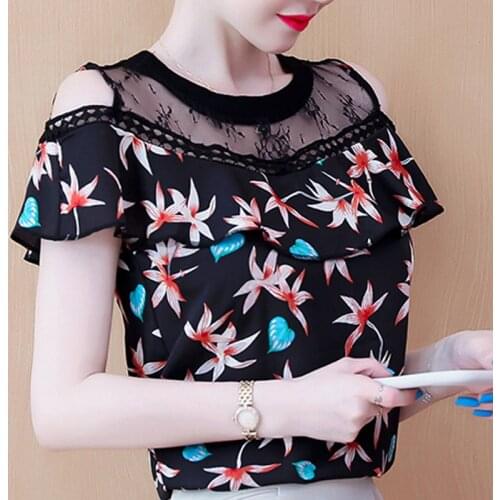 Women Blouses Blouse Women Blusas Mujer De Moda 2021 Off Shoulder Top Short Sleeve Ruffles Print Chiffon Blouse Shirt Tops D366