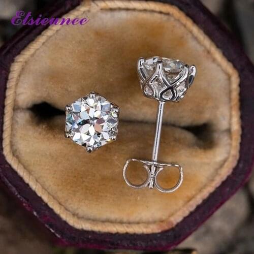 ELSIEUNEE 100% Solid Silver 925 D Color 0.5/1ct Real Moissanite Ear Stud Earrings Girls White Gold Color Fine Jewelry Wholesale