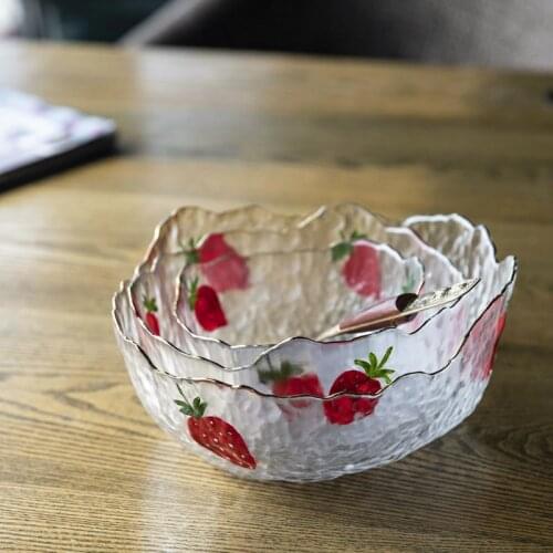 Golden Edge Transparent Glass Hand-painted Strawberry Fruit/ Salad Bowl Creative Personality Home Dessert Tableware