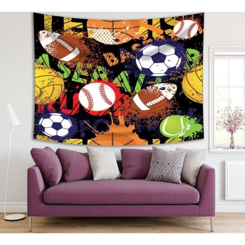 Tapestry Colorful Baseball Football Basketball Rugby Ball on Patterns Black Sport Artwork Printed Brown White Yellow
