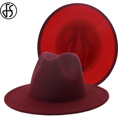 FS 60CM Wine Red Hat With Red Patchwork Men Women Fedora Hats Wide Brim Wool Felt Autumn Winter Jazz Trilby Cap Cowboy Caps