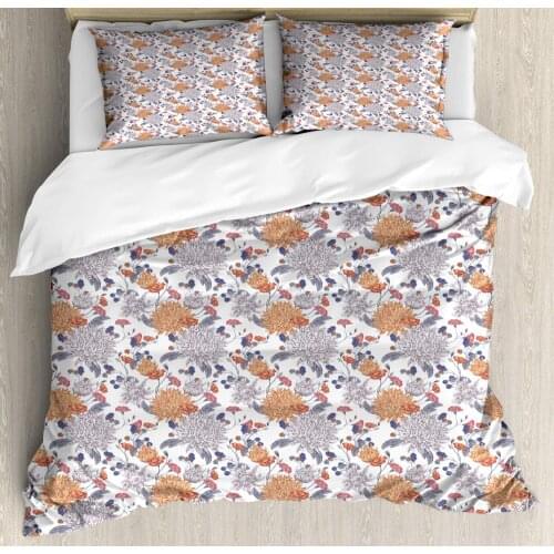 Vintage Botany Duvet Cover Set Blooming Chrysanthemums Drawn by Hand 3 Piece Bedding Set Dark Lavender Dark Peach