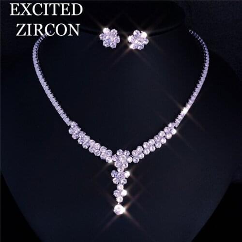 Woman luxury zircon shiny necklace earring jewelry set bride wedding fashion accessories exquisite charm party jewelry