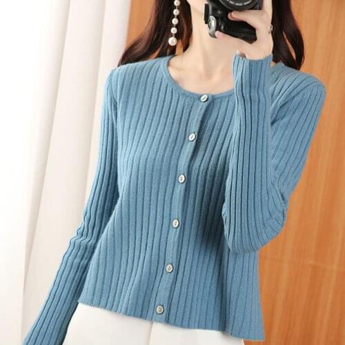 Short fashion all-match womens round neck knitted cardigan long-sleeved solid color autumn and winter coat cashmere Sweater