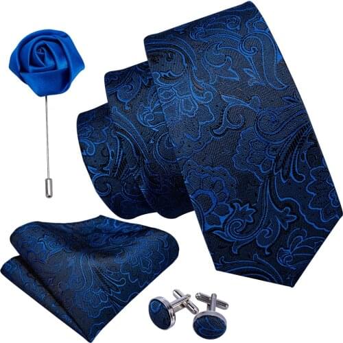 Men Tie Set Blue Paisley Wedding Silk Necktie Brooch Handkerchief Cufflink Fashion Designer Barry.Wang Ties For Men Groom Gift