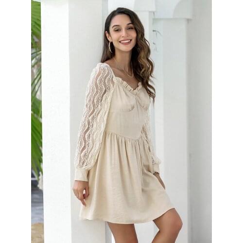 New 2021 Clothing Women Long Sleeve Dress With Lace Stitching Ruffle Decoration High Waist Version Smooth Fabric Sweet S-XL