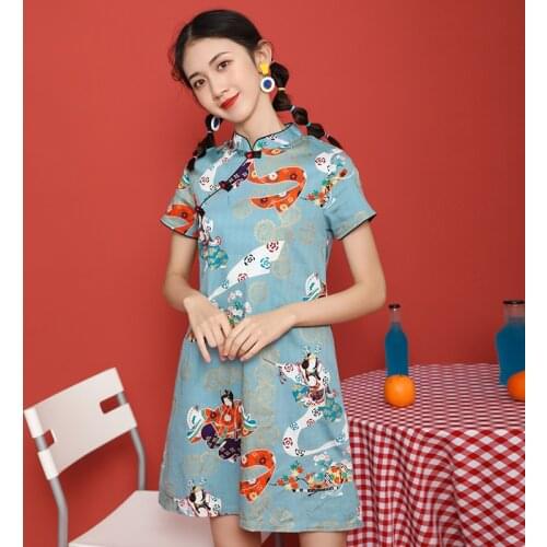 Summer New Art Loose Cheongsam Improved Version of Young Everyday Girl Chinese Style Dress Short