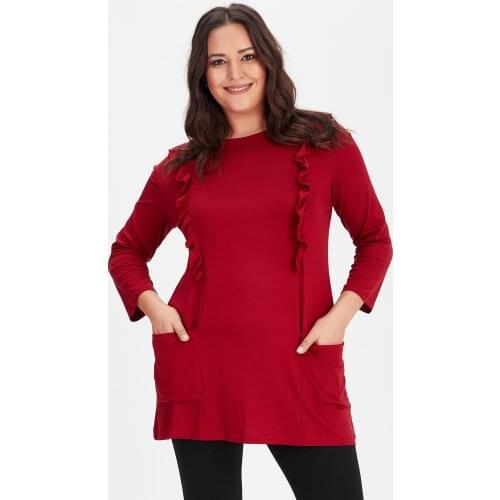 New Season Fashion Plus Size Front Ruffle Detailed Pockets Tunic Blouse Natural Viscose Soft Elastic Fabric