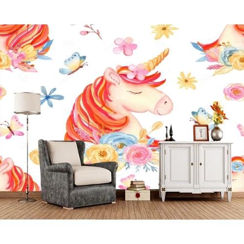 Custom papel de parede infantil,Watercolor cute cartoon romantic unicorn and flower for bedroom sofa background decoration paper