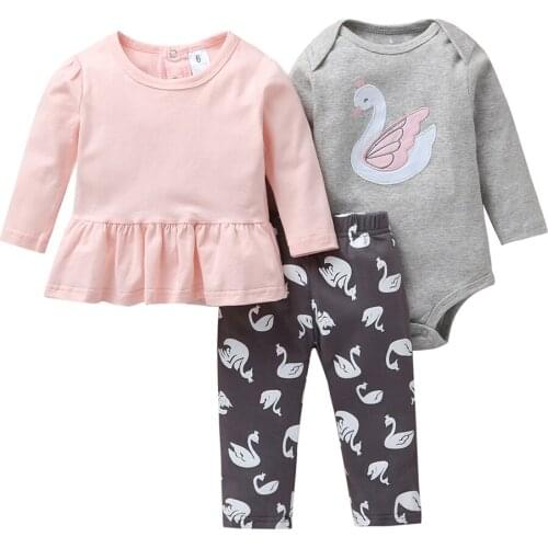 Baby girl autumn outfit pink T-shirt dress+romper+pants long sleeve set newborn 2020 clothes new born swan babies clothing