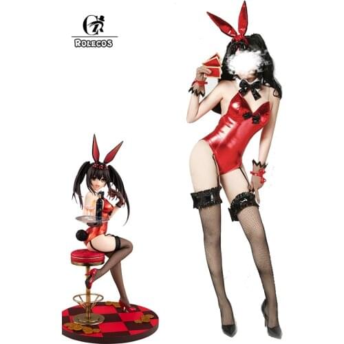 ROLECOS Anime Date A Live Cosplay Kurumi Tokisaki Sexy Red Jumpsuits Bunny Girl Cosplay Costume Halloween Women Stocking Gloves