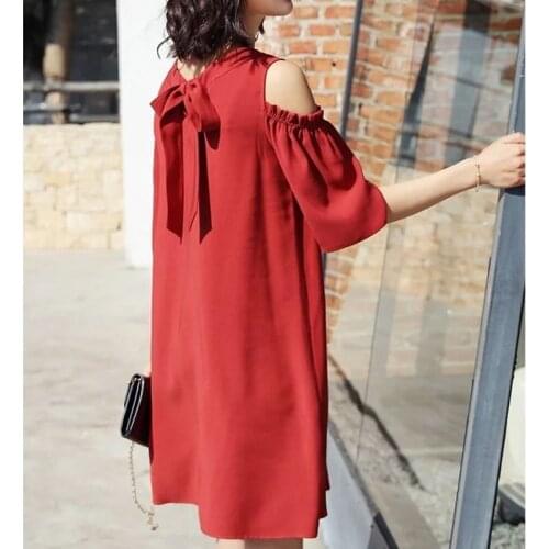 Dress Women Solid Off-shoulder Bow Loose Female Korean Style Chiffon Large Size 4XL Midi Summer Dresses Casual Soft Short Sleeve