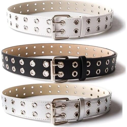 Women Punk Fashion Belt Adjustable Double Row Hole Eyelet Waistban Belts Rock Motorcycle Leather Women Waist Strap for Jeans