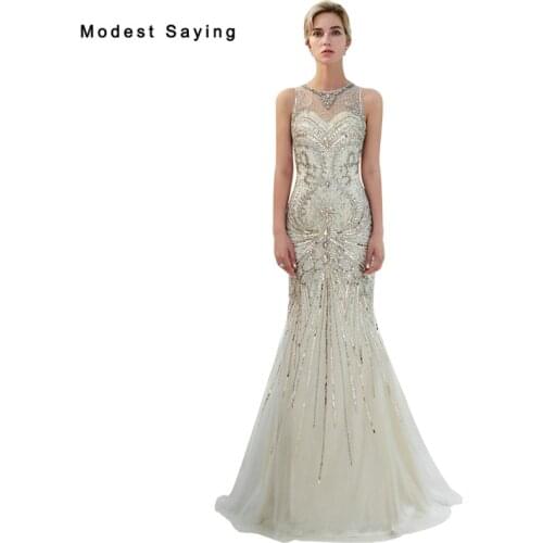 Luxury Silver Mermaid Evening Dresses 2019 with Crystal Beaded Party Prom Gown Sparkly Engagement Dresses Sexy robe de soiree