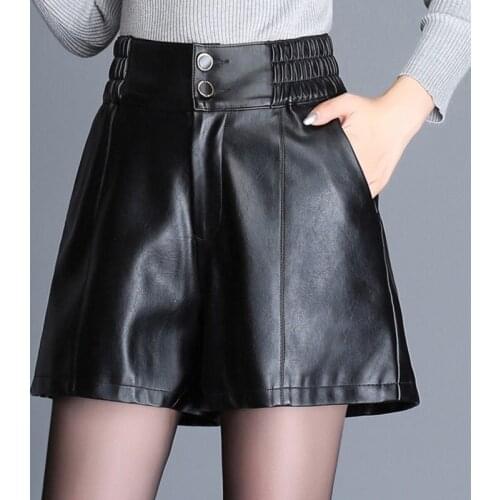Winter Fall Fashion 3XL 4XL Women Black High Elastic Waisted PU leather Shorts , Autumn Slim Wide Leg Shorts For Woman